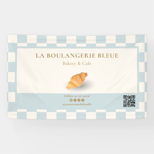 Blue Ivory Checker Croissant QR Bakery Marketing 横断幕 (横)