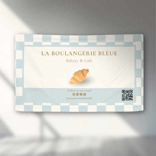 Blue Ivory Checker Croissant QR Bakery Marketing 横断幕