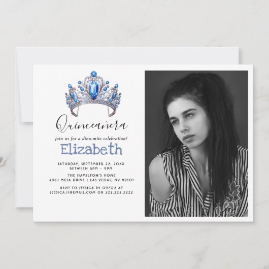 Blue & Ivory Floral Quinceañera Birthday Party 招待状 (正面)