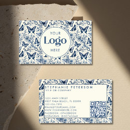 Blue Ivory Toile De Jouy Custom Logo QR Code 名刺