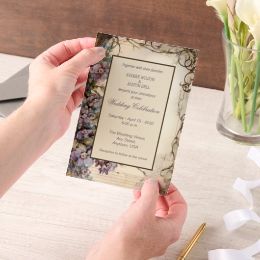Blue Jasmine Floral Framed ベラム紙招待状 (ポータブル)
