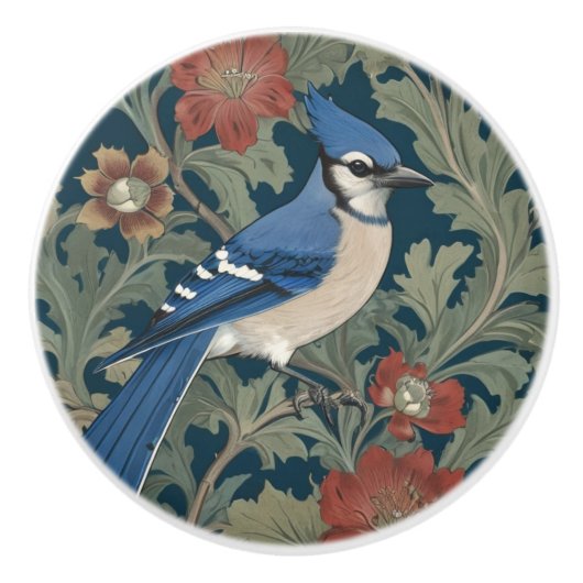 Blue jayバードウィリアムモリススタイル右BlueJay セラミックノブ (正面)