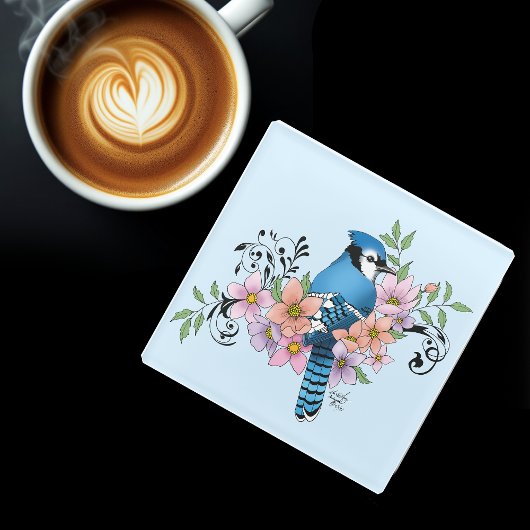 Blue Jay春の花 ガラスコースター