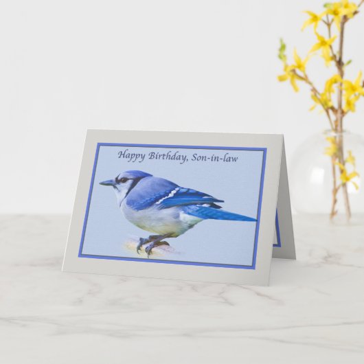 Blue Jay Birdとの義理の息子の誕生日カード カード (黄色い花)