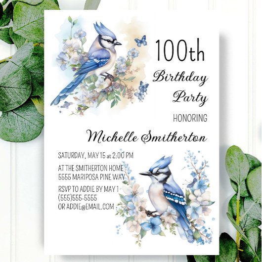 Blue Jay Bird Flowers春100誕生日 招待状