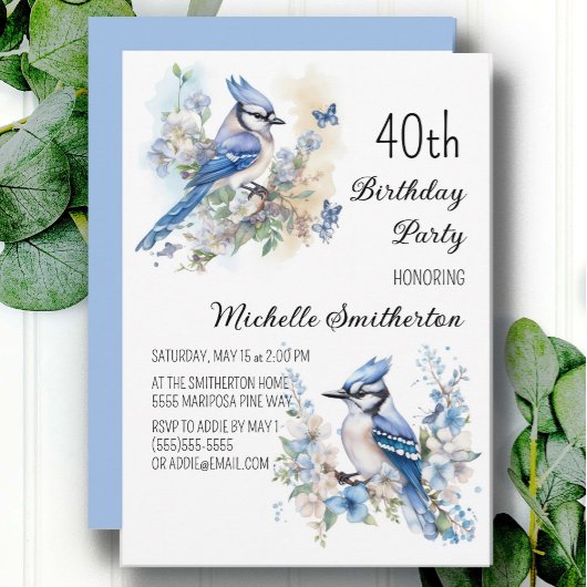 Blue Jay Bird Flowers春40歳の誕生日 招待状