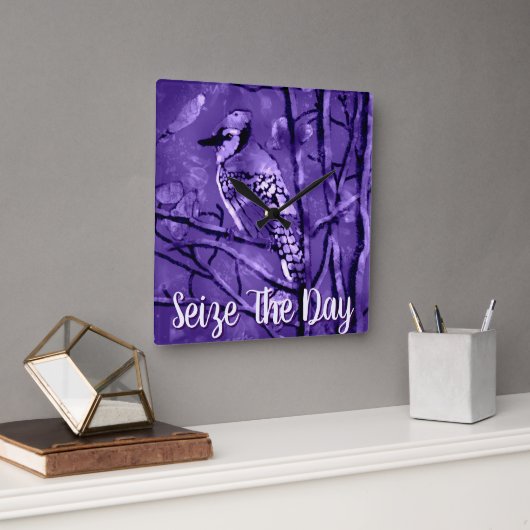 Blue Jay Bird Purple Abstract Art Personalized スクエア壁時計 (オフィス)