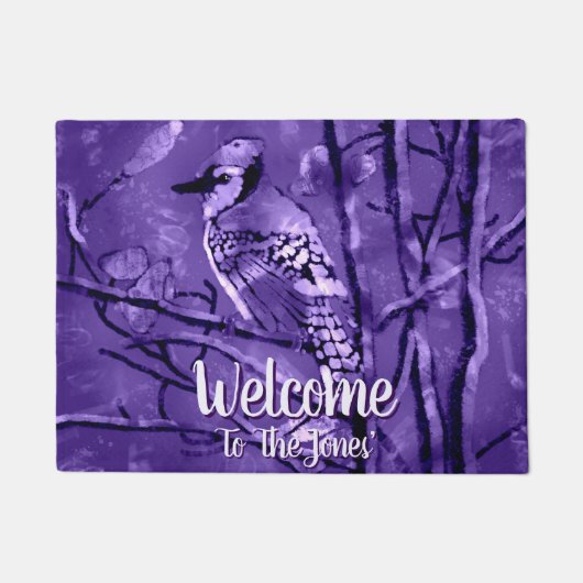 Blue Jay Bird Purple Abstract Art Personalized ドアマット (正面)