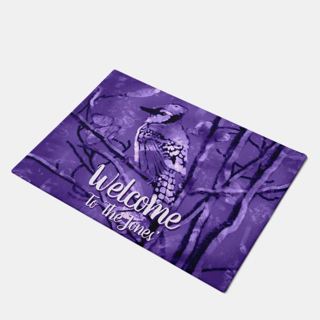 Blue Jay Bird Purple Abstract Art Personalized ドアマット (アングル)