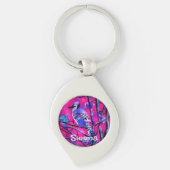 Blue Jay Bird Tree Branch Pink Personalized  キーホルダー (正面)