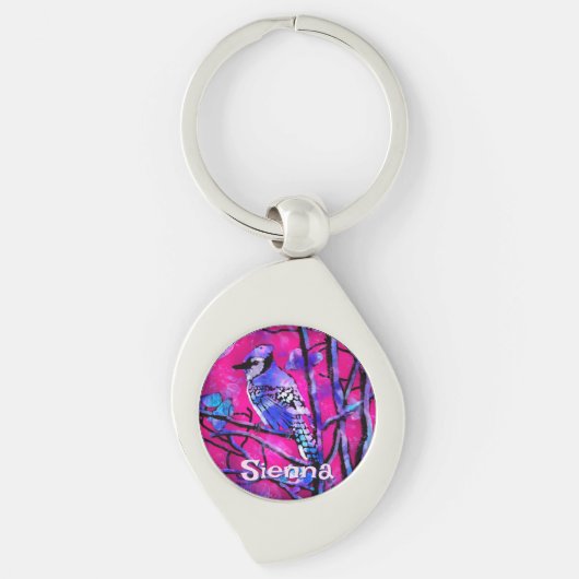 Blue Jay Bird Tree Branch Pink Personalized  キーホルダー (正面)