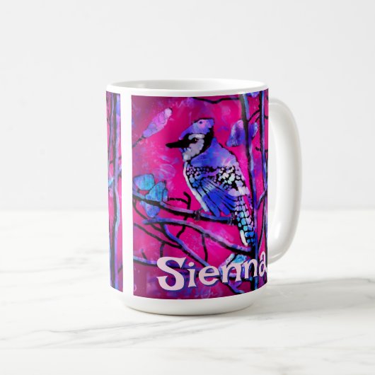 Blue Jay Bird Tree Branch Pink Personalized  コーヒーマグカップ (正面右)
