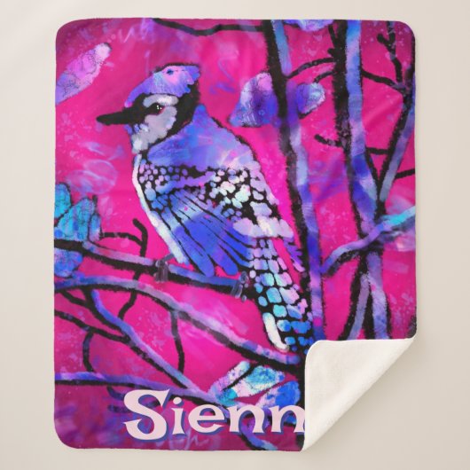 Blue Jay Bird Tree Branch Pink Personalized  シェルパブランケット (正面)