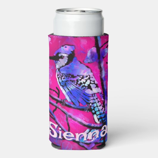 Blue Jay Bird Tree Branch Pink Personalized  スリム缶クーラー (Seltzer裏面)