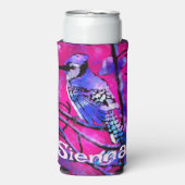 Blue Jay Bird Tree Branch Pink Personalized スリム缶クーラー (Seltzer正面)