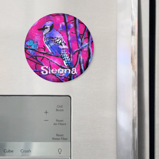 Blue Jay Bird Tree Branch Pink Personalized  マグネット (インサイチュ (冷蔵庫))