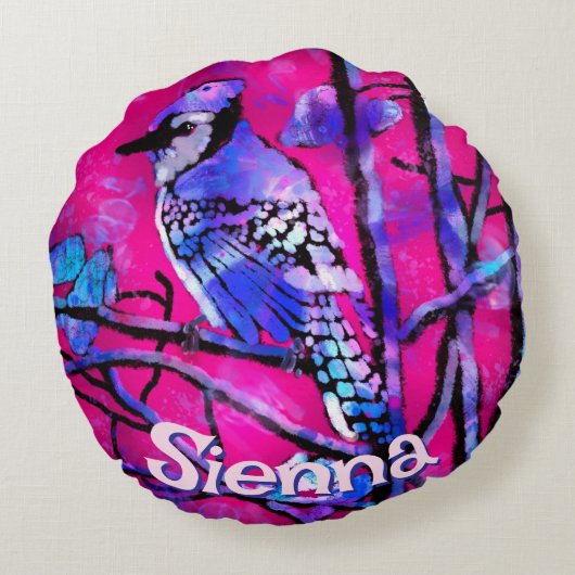 Blue Jay Bird Tree Branch Pink Personalized  ラウンドクッション (裏面)