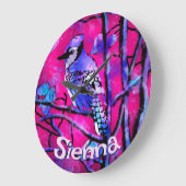 Blue Jay Bird Tree Branch Pink Personalized  ラージ壁時計 (傾斜)