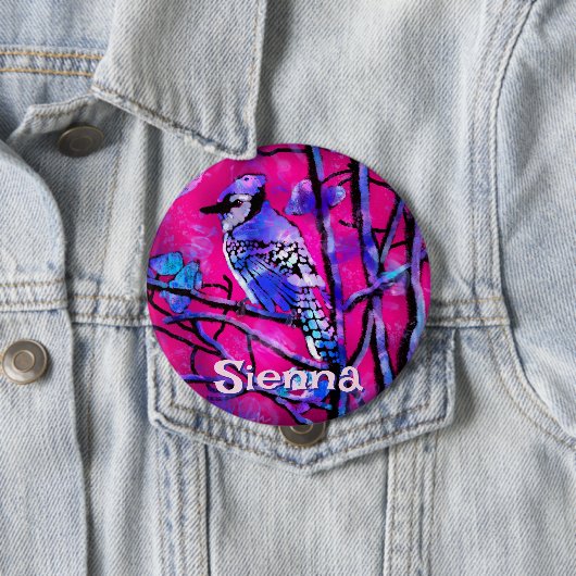 Blue Jay Bird Tree Branch Pink Personalized 缶バッジ (インサイチュ)