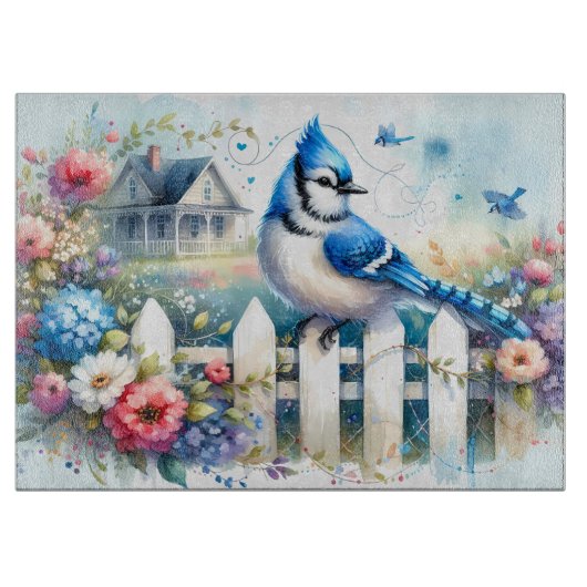 Blue Jay Cottage Garden Fence Scene カッティングボード (正面)
