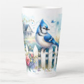 Blue Jay Cottage Garden Fence Scene カフェラテマグ (正面)