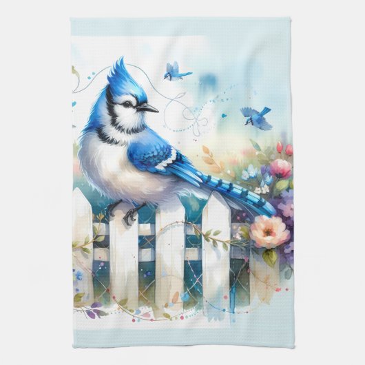 Blue Jay Cottage Garden Fence Scene キッチンタオル (縦)