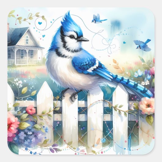 Blue Jay Cottage Garden Fence Scene スクエアシール (正面)