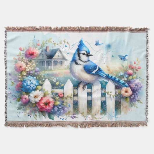 Blue Jay Cottage Garden Fence Scene スローブランケット (正面)