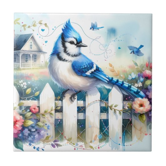 Blue Jay Cottage Garden Fence Scene タイル (正面)