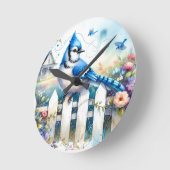 Blue Jay Cottage Garden Fence Scene ラウンド壁時計 (傾斜)