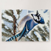 Blue Jay in Snowy Pines Watercolor Winter ジグソーパズル (横)