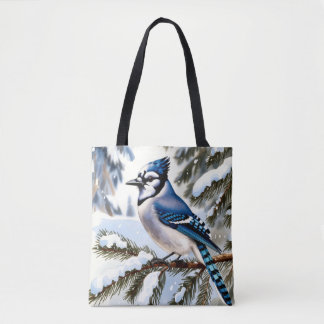 Blue Jay in Snowy Pines Watercolor Winter Tote Bag トートバッグ