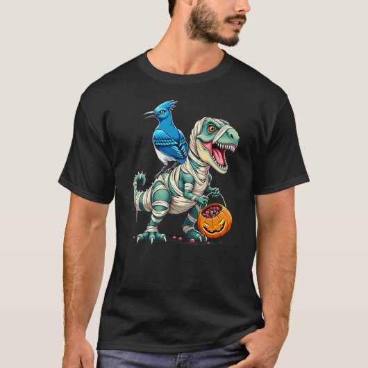 Blue Jay Riding Mummy T-Rex Dinosaur Halloween Tシャツ (正面)