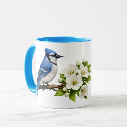 Blue Jay with White Blossoms マグカップ (正面左)