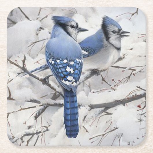 Blue Jays in a Snow Filled Tree スクエアペーパーコースター (正面)