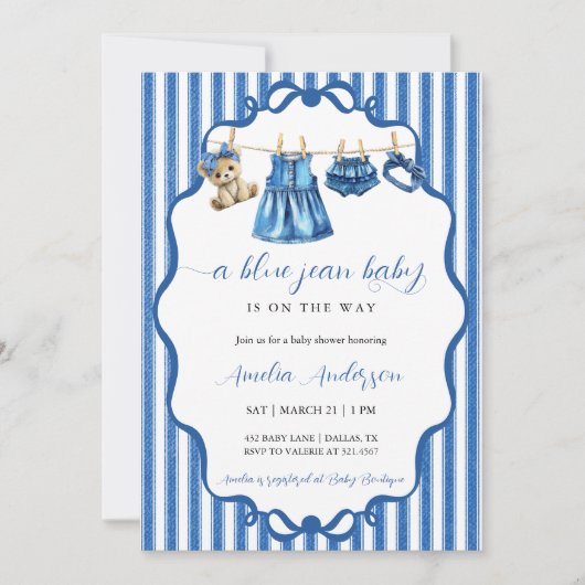 Blue Jean Baby Clothesline Watercolor Baby Shower 招待状 (正面)