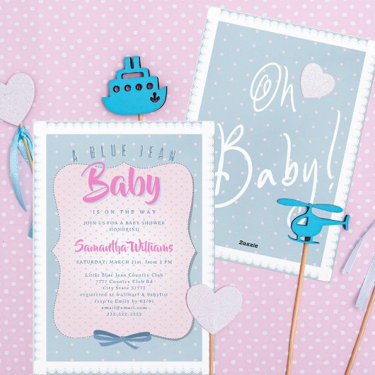 Blue Jean Baby Cute Pink Denim Girl Baby Shower 招待状