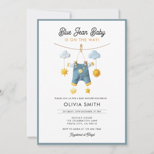Blue Jean Baby Is On The Way Baby Shower 招待状 (正面)