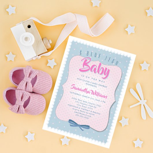 Blue Jean Baby Pink Cute Denim Girl Baby Shower 招待状