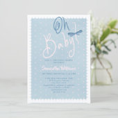 Blue Jean Baby Pink Dots Denim Girl Baby Shower 招待状 (スタンド正面)