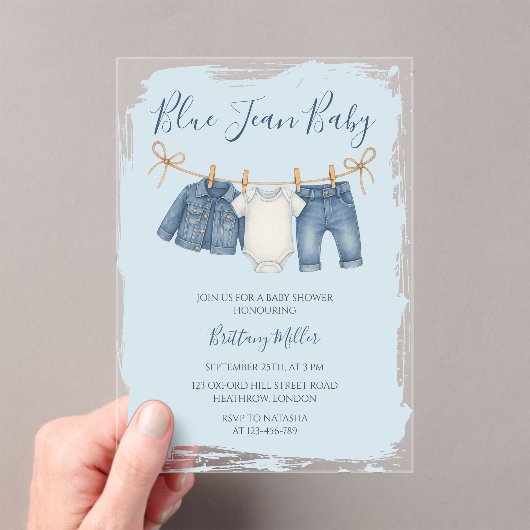 Blue Jean Baby Shower Baby Outfit  アクリル招待状 (インサイチュ (ポータブル))