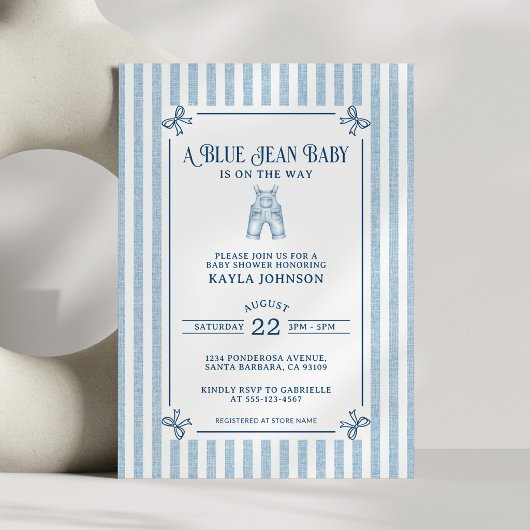Blue Jean Baby Shower Coastal Stripe Bows 招待状