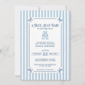 Blue Jean Baby Shower Coastal Stripe Bows 招待状 (正面)