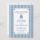Blue Jean Baby Shower Dark Coastal Stripe Bows 招待状 (正面)