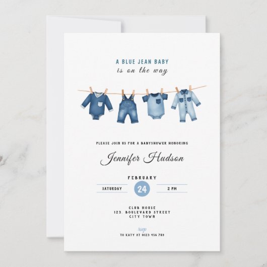 Blue Jean Baby Shower Invitation - Denim Theme 招待状 (正面)