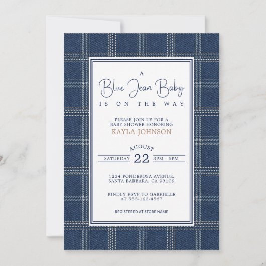 Blue Jean Baby Shower Preppy Plaid Script 招待状 (正面)