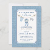 Blue Jean Baby Shower Watercolor Clothesline 招待状 (正面)