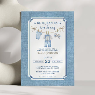 Blue Jean Baby Shower Watercolor Clothesline 招待状
