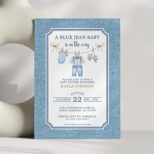 Blue Jean Baby Shower Watercolor Clothesline 招待状
