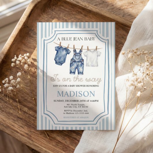 Blue Jean Denim Baby Shower Boy Invitation 招待状